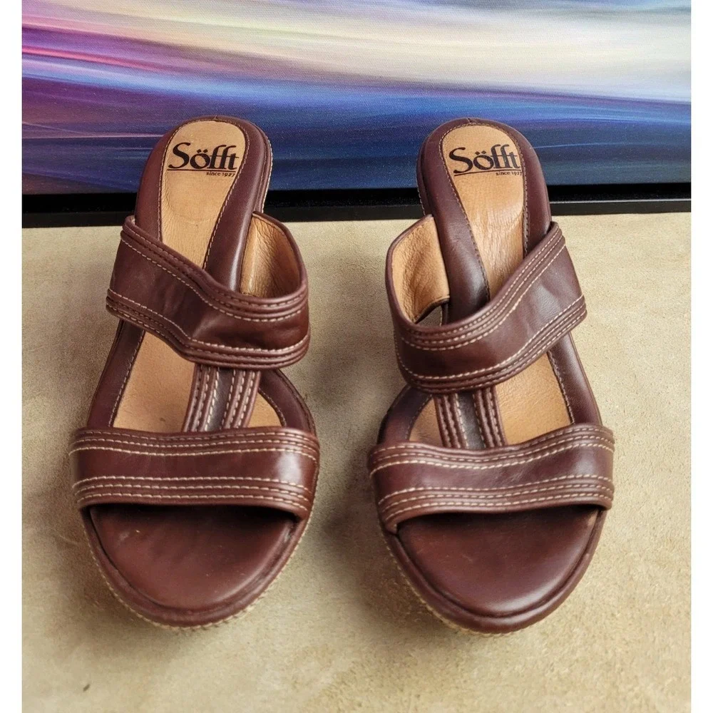 SOFFT Cork Wedge Heel Brown Leather Women's 6W Cutout Slip-On Platform Sandals